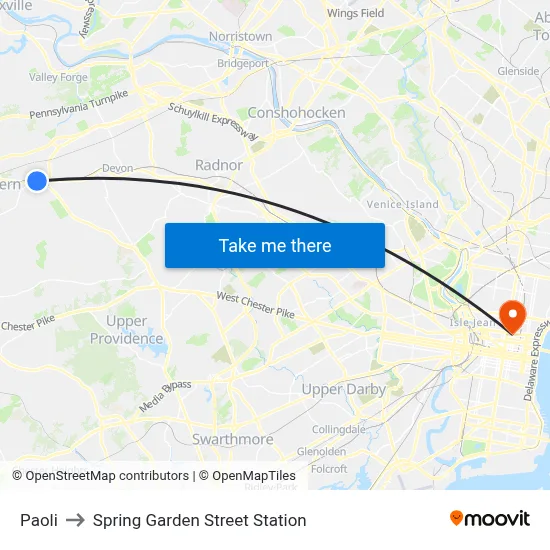 Paoli to Spring Garden Street Station map