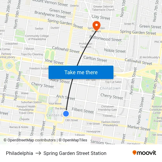 Philadelphia to Spring Garden Street Station map