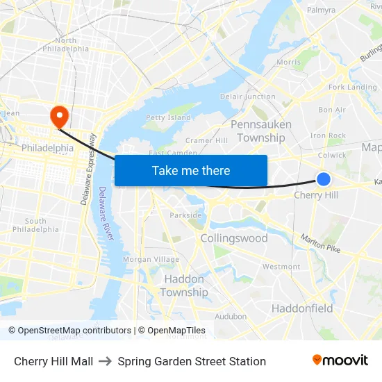 Cherry Hill Mall to Spring Garden Street Station map