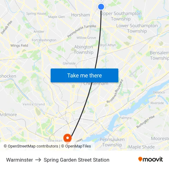 Warminster to Spring Garden Street Station map