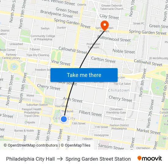 Philadelphia City Hall to Spring Garden Street Station map
