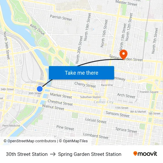 30th Street Station to Spring Garden Street Station map