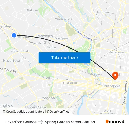 Haverford College to Spring Garden Street Station map