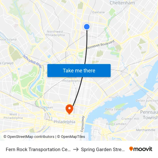 Fern Rock Transportation Center Station to Spring Garden Street Station map
