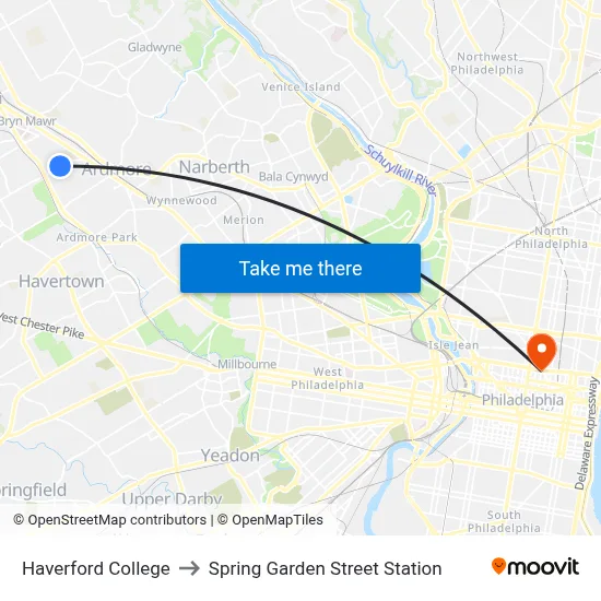 Haverford College to Spring Garden Street Station map