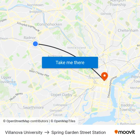 Villanova University to Spring Garden Street Station map