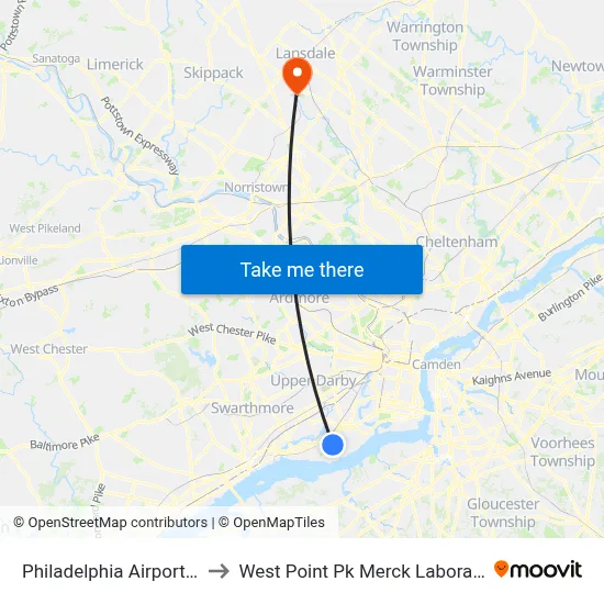 Philadelphia Airport PHL to West Point Pk Merck Laboratories map