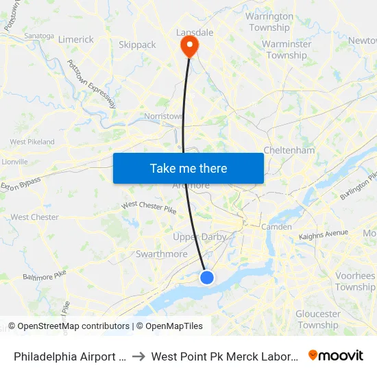 Philadelphia Airport Limo to West Point Pk Merck Laboratories map