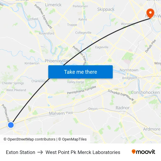 Exton Station to West Point Pk Merck Laboratories map