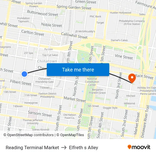 Reading Terminal Market to Elfreth s Alley map