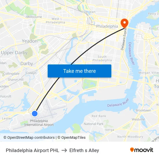Philadelphia Airport PHL to Elfreth s Alley map