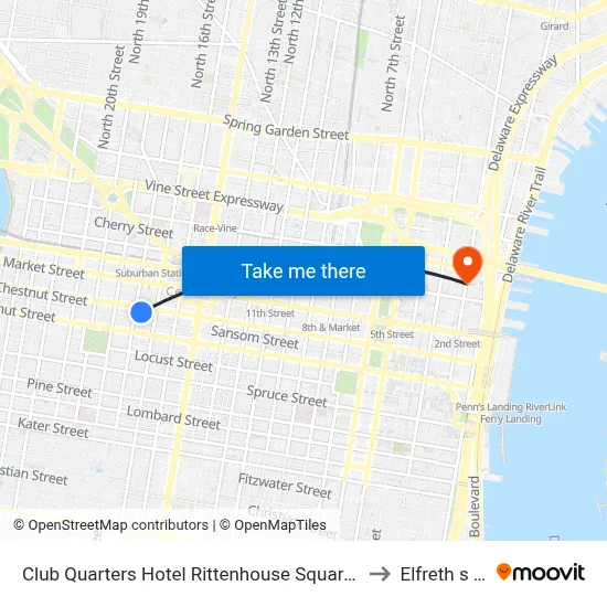 Club Quarters Hotel Rittenhouse Square Philadelphia to Elfreth s Alley map