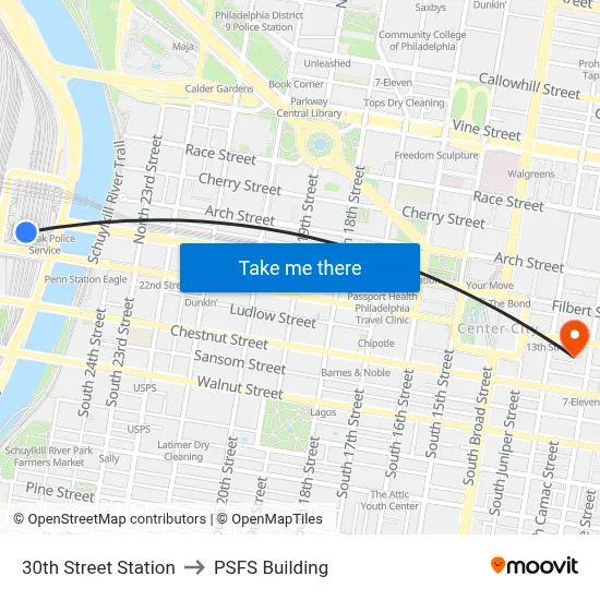 30th Street Station to PSFS Building map
