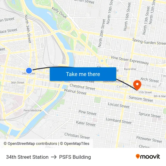 34th Street Station to PSFS Building map