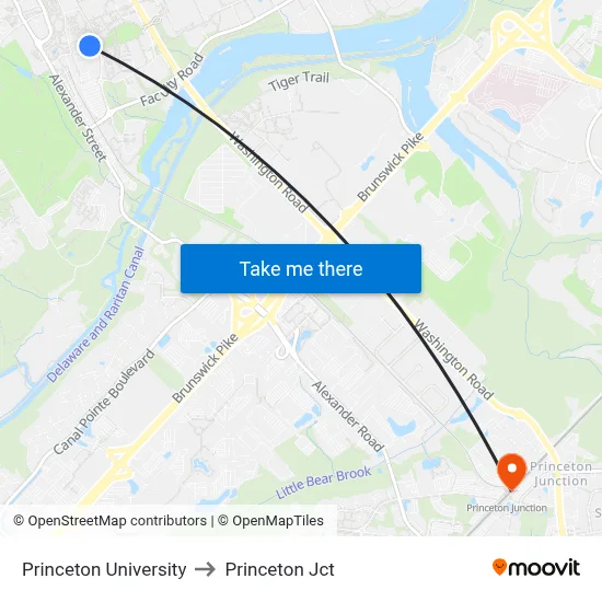 Princeton University to Princeton Jct map