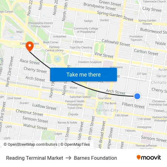 Reading Terminal Market to Barnes Foundation map