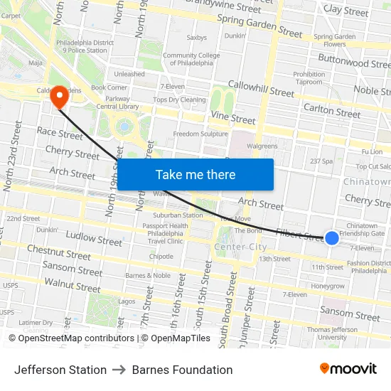 Jefferson Station to Barnes Foundation map