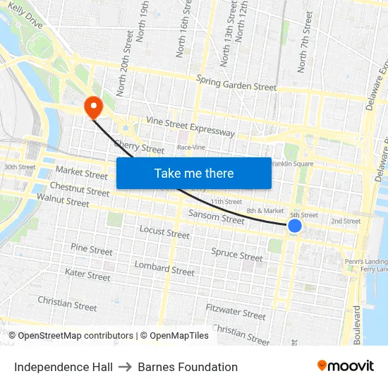 Independence Hall to Barnes Foundation map