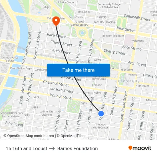 15 16th and Locust to Barnes Foundation map