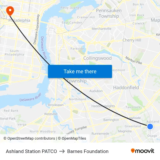 Ashland Station PATCO to Barnes Foundation map
