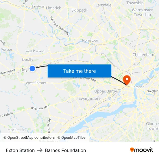 Exton Station to Barnes Foundation map