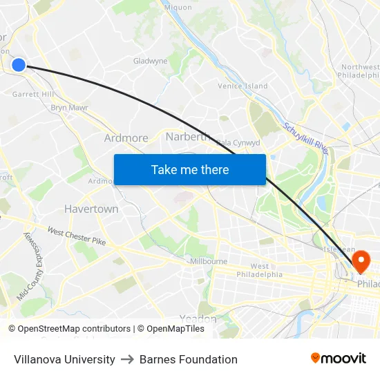 Villanova University, 299 N Spring Mill Rd to Barnes Foundation map