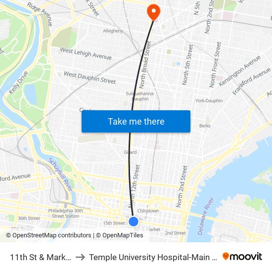 11th St & Market St to Temple University Hospital-Main Campus map