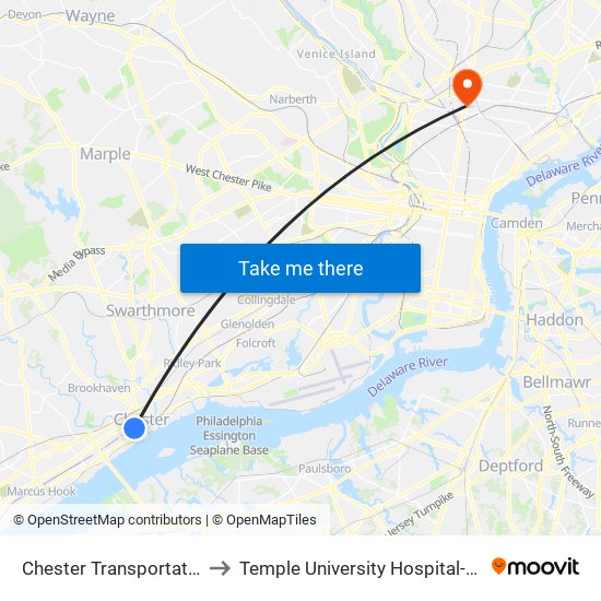 Chester Transportation Center to Temple University Hospital-Main Campus map