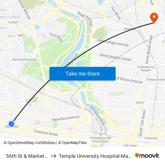 56th St & Market St - Fs to Temple University Hospital-Main Campus map
