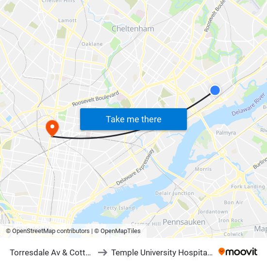 Torresdale Av & Cottman Av Loop to Temple University Hospital-Main Campus map