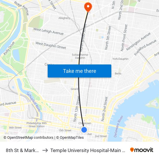 8th St & Market St to Temple University Hospital-Main Campus map