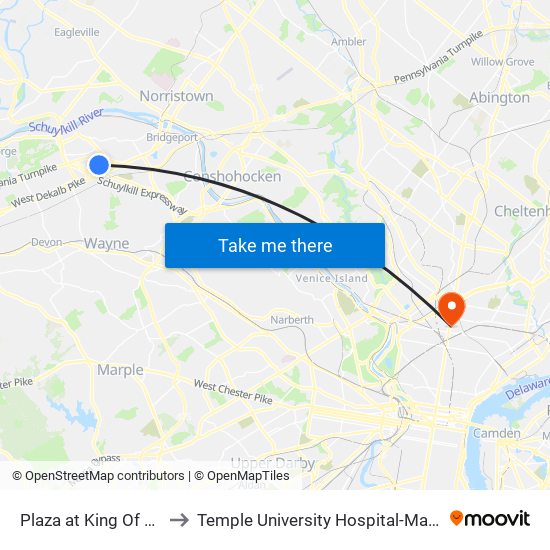 Plaza at King Of Prussia to Temple University Hospital-Main Campus map