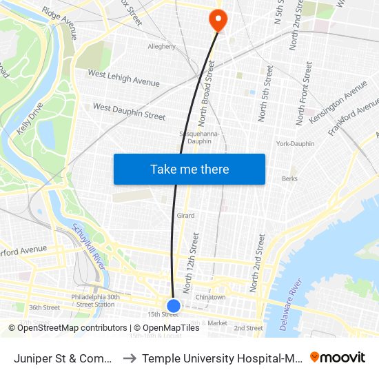Juniper St & Commerce St to Temple University Hospital-Main Campus map