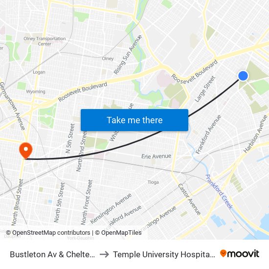 Bustleton Av & Cheltenham Av - Fs to Temple University Hospital-Main Campus map