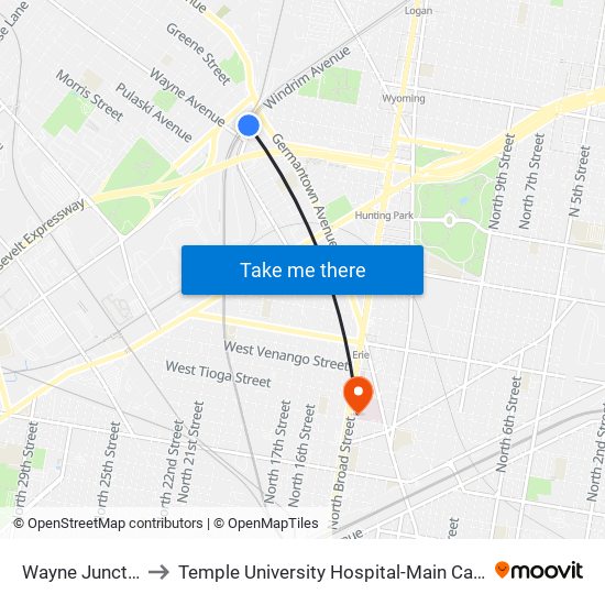 Wayne Junction to Temple University Hospital-Main Campus map