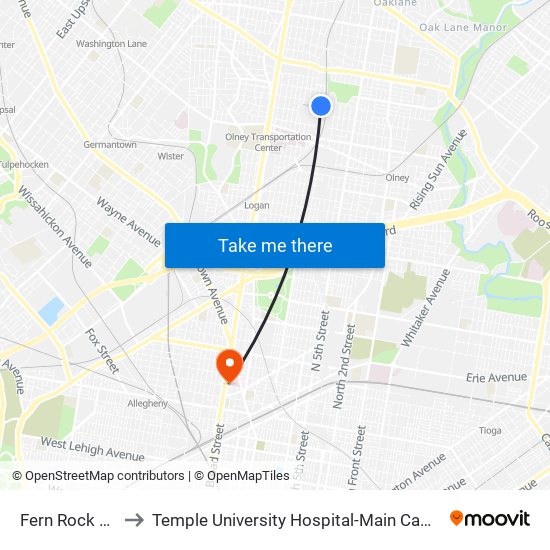 Fern Rock T C to Temple University Hospital-Main Campus map