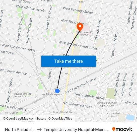 North Philadelphia to Temple University Hospital-Main Campus map