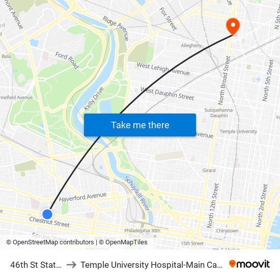 46th St Station to Temple University Hospital-Main Campus map