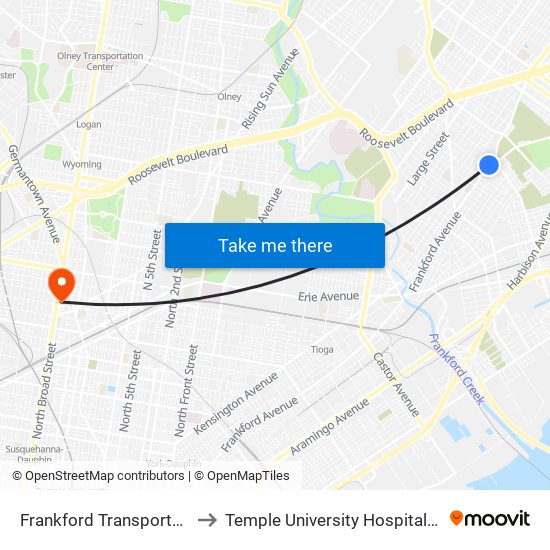 Frankford Transportation Center to Temple University Hospital-Main Campus map