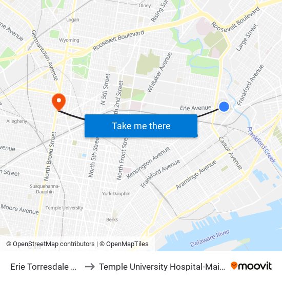 Erie Torresdale Station to Temple University Hospital-Main Campus map