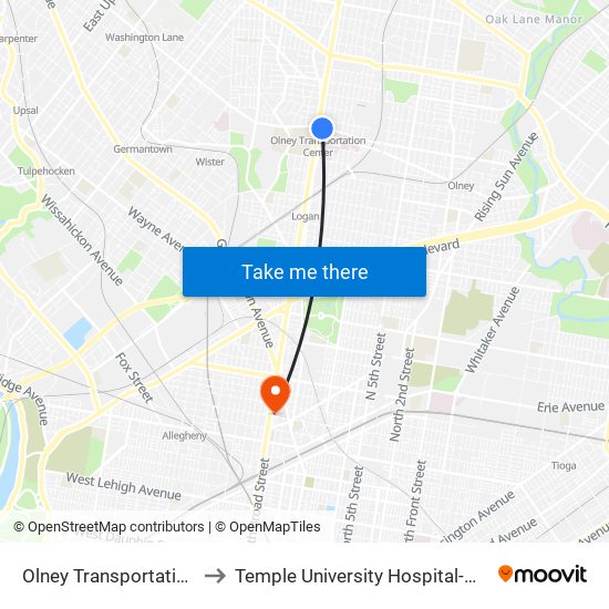 Olney Transportation Center to Temple University Hospital-Main Campus map