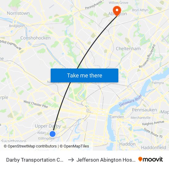 Darby Transportation Center to Jefferson Abington Hospital map