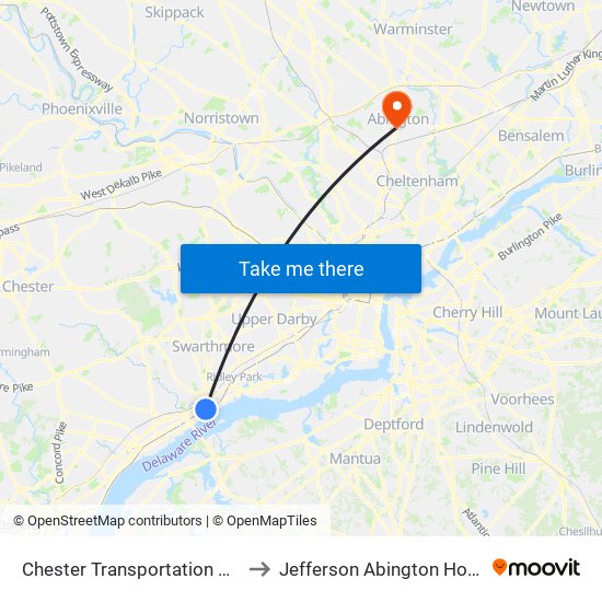 Chester Transportation Center to Jefferson Abington Hospital map