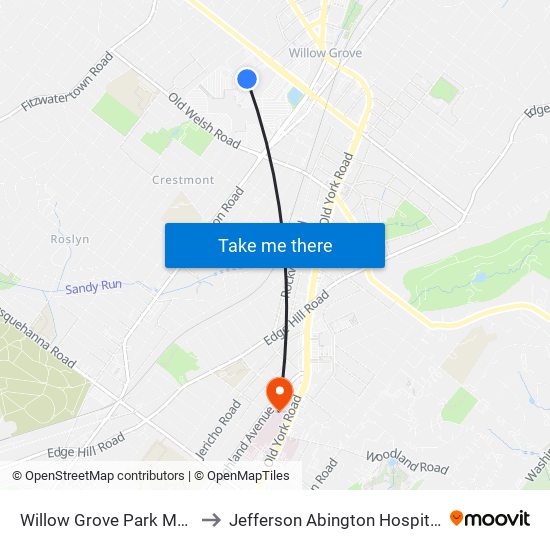 Willow Grove Park Mall to Jefferson Abington Hospital map