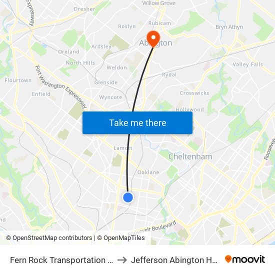 Fern Rock Transportation Center to Jefferson Abington Hospital map