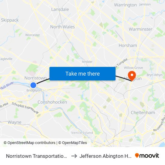 Norristown Transportation Center to Jefferson Abington Hospital map