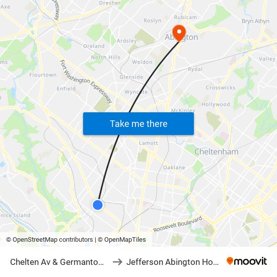 Chelten Av & Germantown Av to Jefferson Abington Hospital map