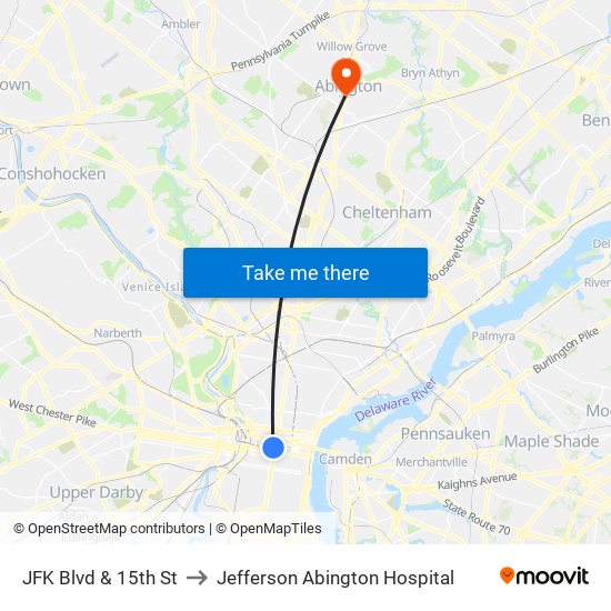 JFK Blvd & 15th St to Jefferson Abington Hospital map