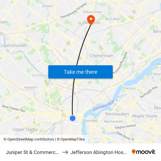 Juniper St & Commerce St to Jefferson Abington Hospital map