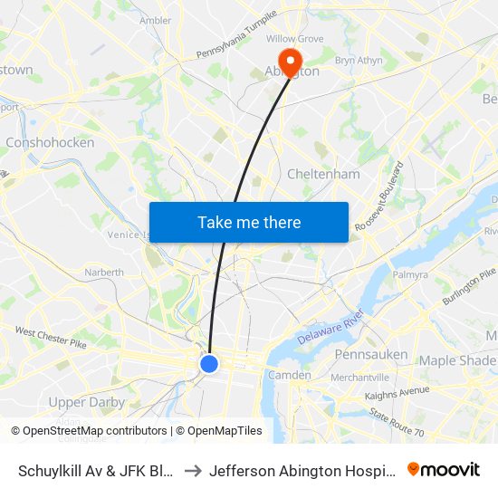 Schuylkill Av & JFK Blvd to Jefferson Abington Hospital map